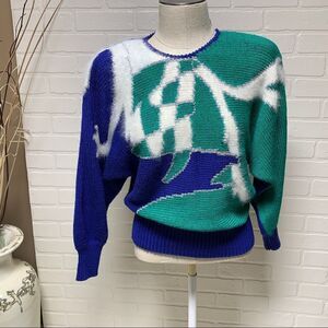 Vintage Christine 80's Blue Green Angora Blend Sweater size M (1058)